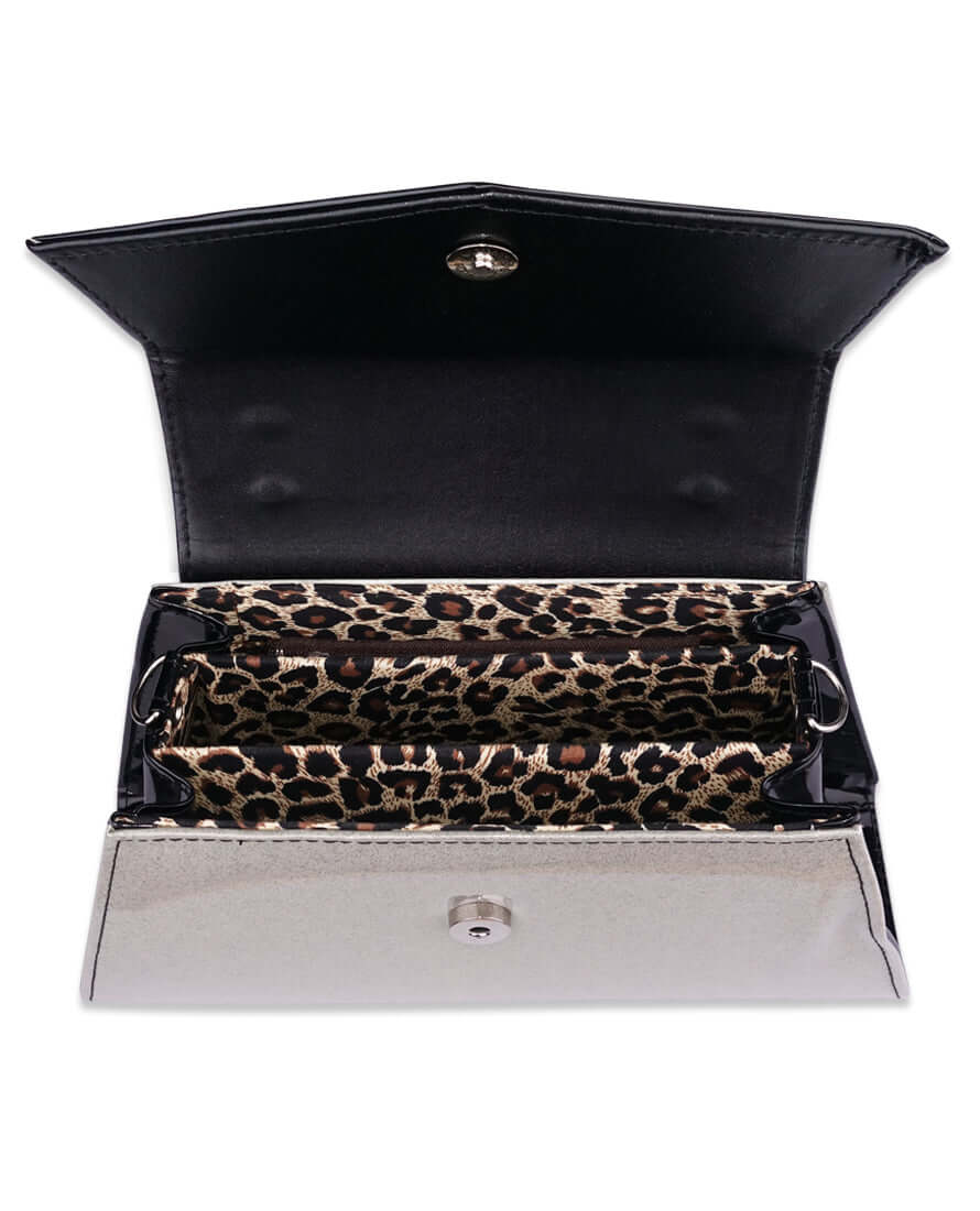 LIQUORBRAND Chevron Handbag White - open interior showing leopard lining and compartments.