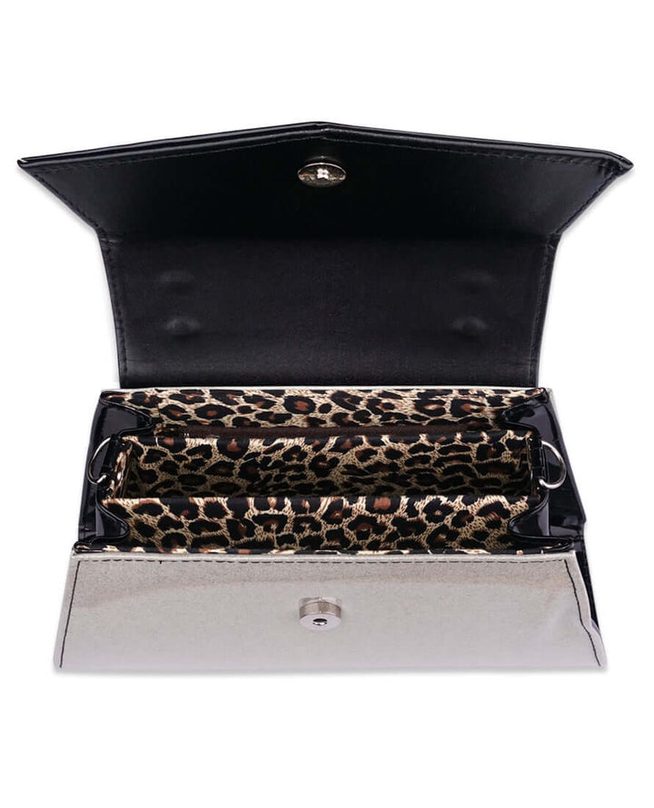LIQUORBRAND Chevron Handbag White - open interior showing leopard lining and compartments.