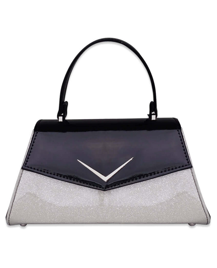 LIQUORBRAND Chevron Handbag White with black and glittery silver design.