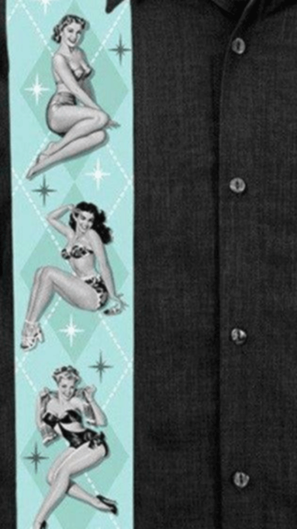 Close-up of LIQUORBRAND Vegas Strip bowling shirt featuring retro 50s pinup detail panel.
