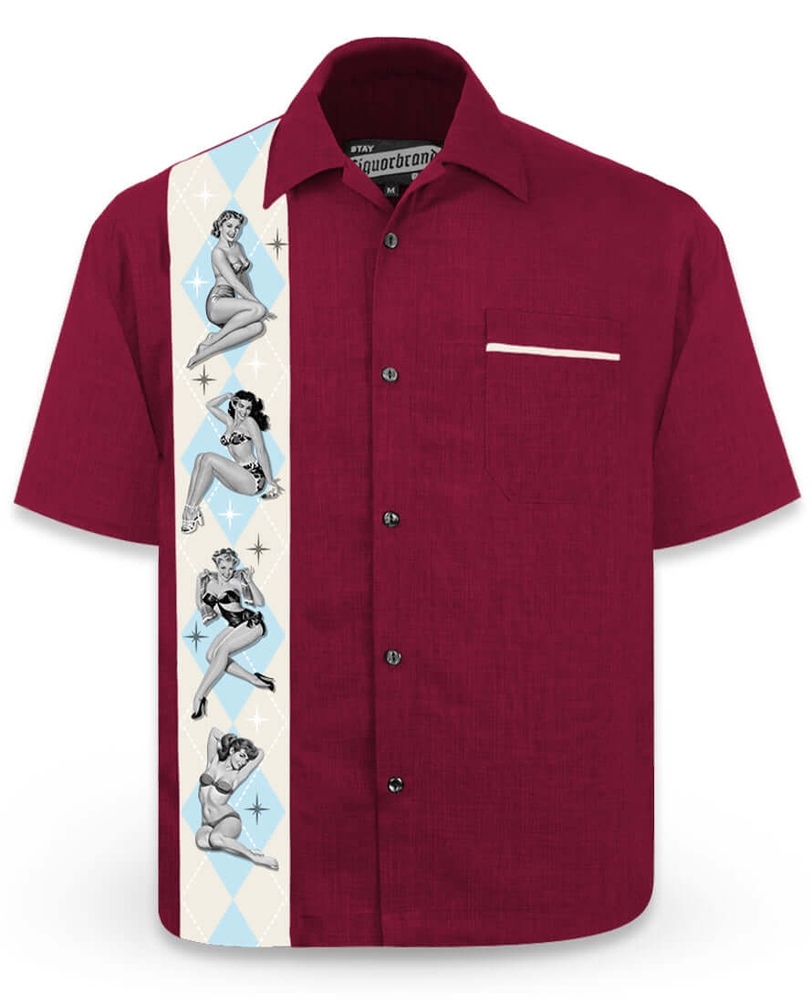 Men's burgundy bowling shirt featuring Hawaiian hula girl print, lightweight polyester fabric, easy care.