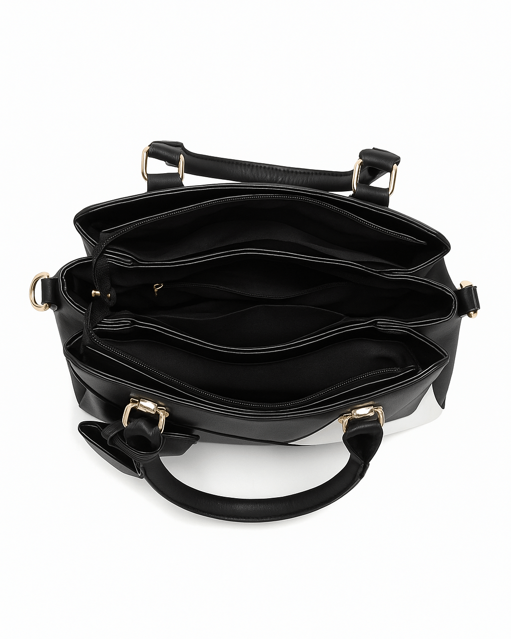 Interior view of LuLu 60s Mod Handbag showcasing three spacious compartments and stylish black lining.