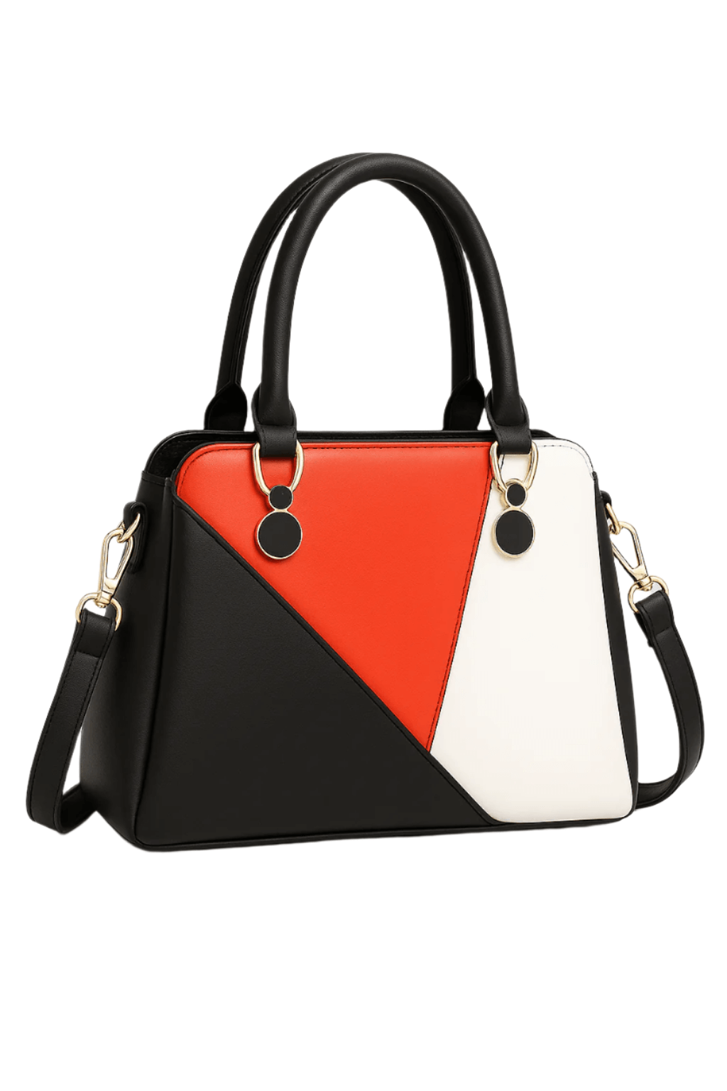 LuLu 60s Mod Handbag in bold red, black, and white geometric patchwork design, perfect for retro style.