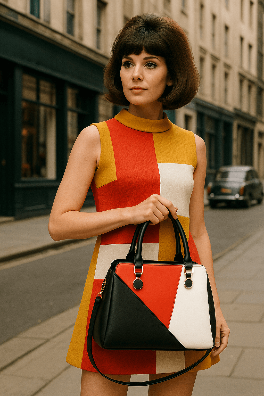 LuLu 60s Mod Handbag in bold red, black, and white patchwork, paired with a retro dress on a city street.