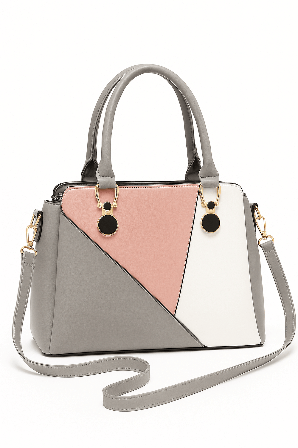LuLu 60s Mod Handbag featuring a stylish gray, pink, and white geometric design with dual handles and removable strap.