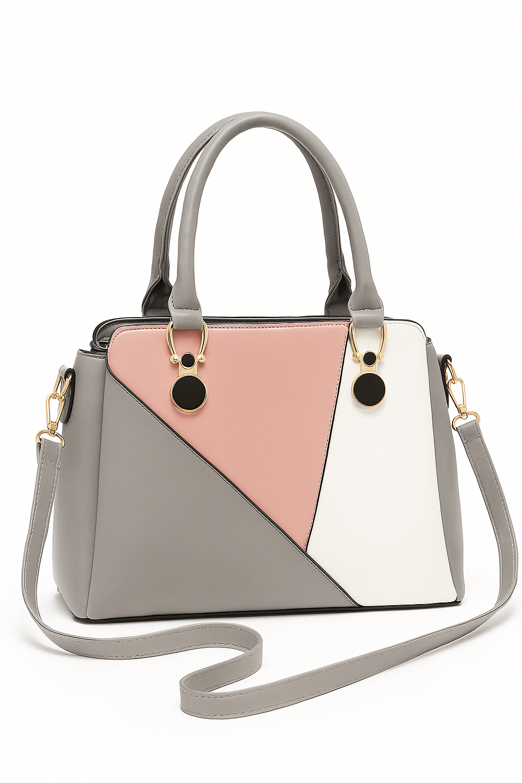 LuLu 60s Mod Handbag featuring a stylish gray, pink, and white geometric design with dual handles and removable strap.