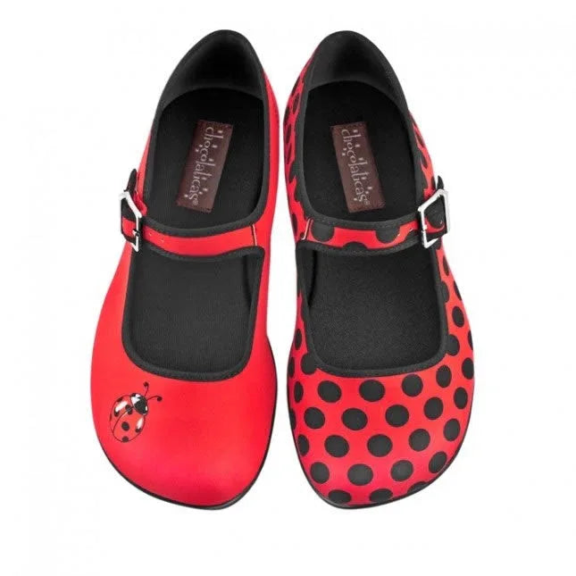 Hot Chocolate Design Mariquita Ladybug Mary Jane shoes mismatched red and black canvas flats with strap