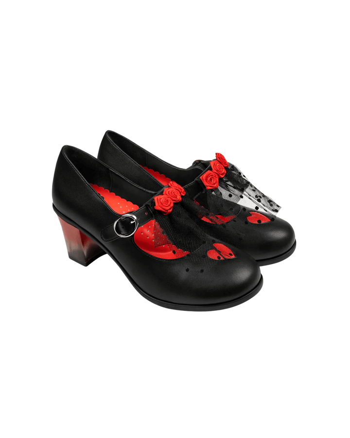 Hot Chocolate Design - Melancholy Midheel black shoes with red roses and sheer veil detail.