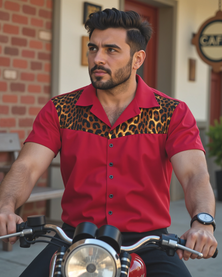 Mens Vintage Style Bowling Dress Shirt - Red Leopard