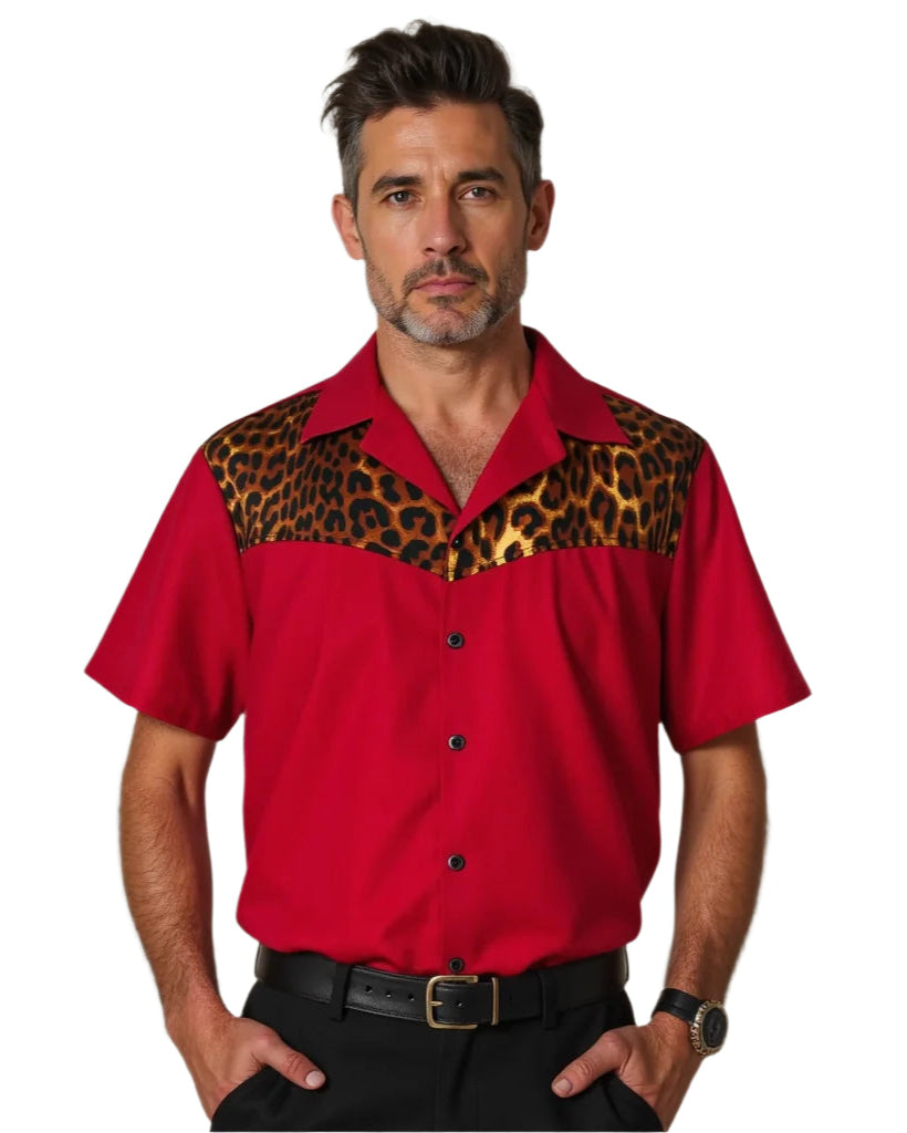 Mens vintage red bowling shirt featuring leopard western trim, stylish fit for any occasion.