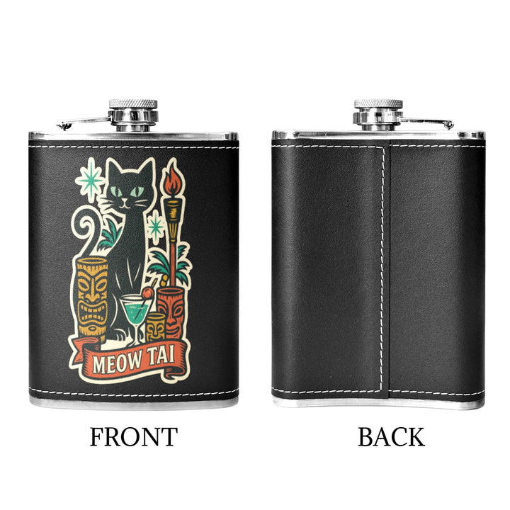 Meow Tai 8 oz black hip flask featuring a cat design, perfect for stylish drinking in Australia.