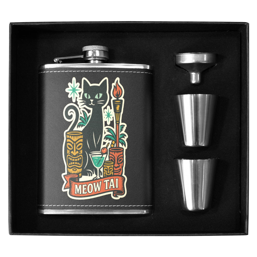Meow Tai 8 oz black hip flask with tiki design, shot glasses included, perfect for parties or outdoor events in Australia.