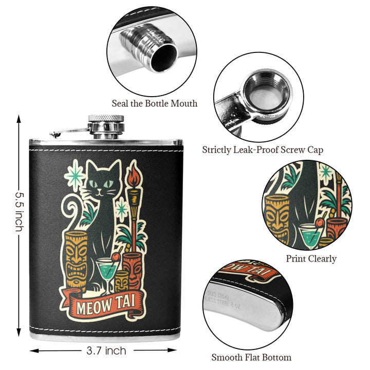 Meow Tai 8 oz black hip flask with artwork, features leak-proof cap and flat bottom, perfect for style and convenience in Australia.