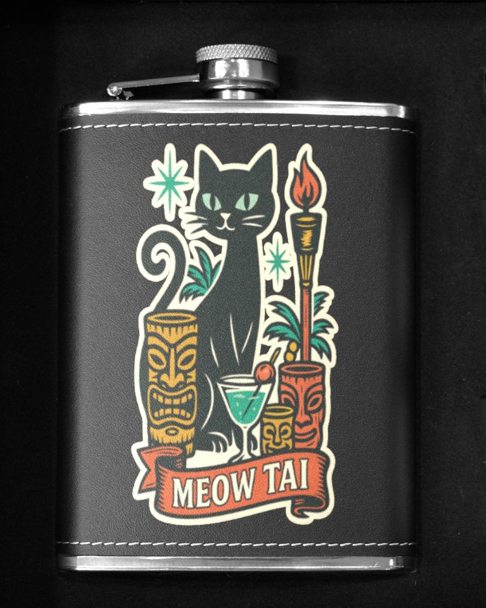 Meow Tai 8 oz black hip flask featuring black cat design and tropical motifs, ideal for stylish drinking in Australia.