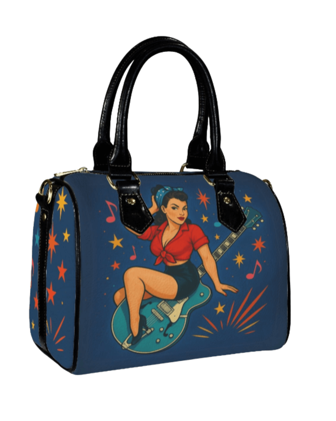 Sleek Midnight Special Handbag with rockabilly design featuring a woman with a guitar, ideal for music lovers.