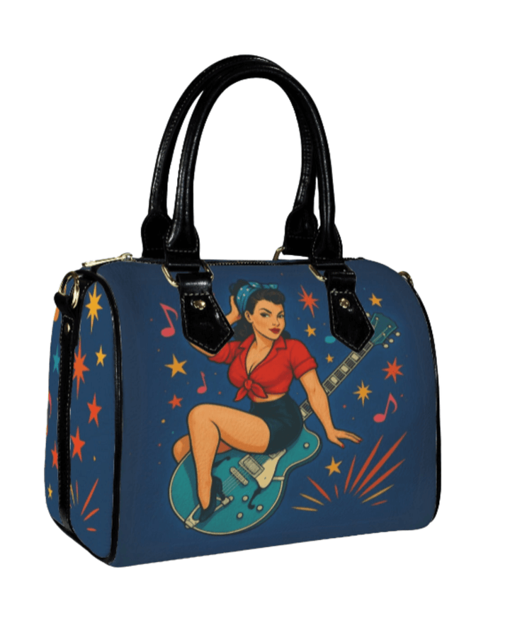 Sleek Midnight Special Handbag with rockabilly design featuring a woman with a guitar, ideal for music lovers.