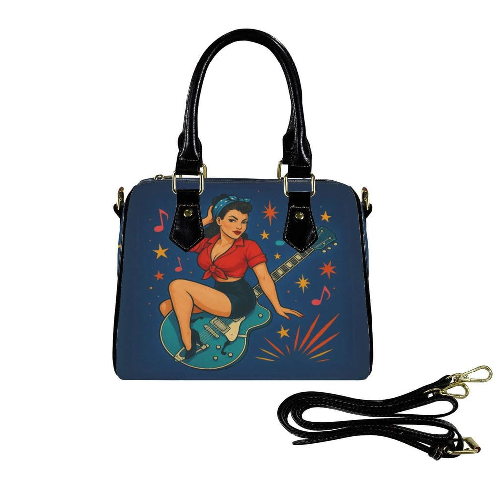 Midnight Special Handbag featuring a rockabilly pin-up girl with a guitar, stylish and practical for music enthusiasts.
