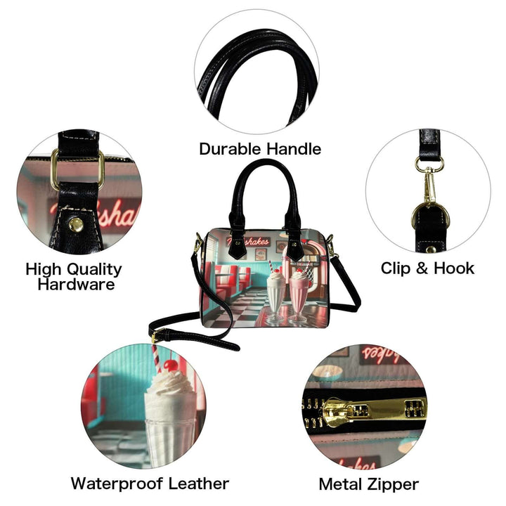 Milkshake Handbag with durable handle, waterproof leather, metal zipper, and high-quality hardware in retro diner design.