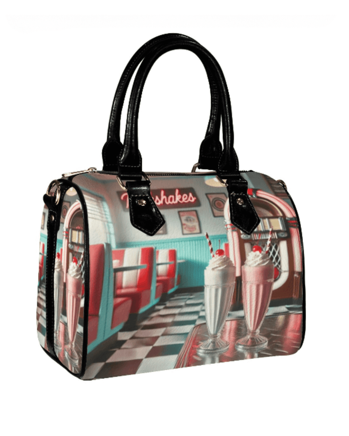 Colorful Milkshake Handbag featuring retro 1950s diner design with milkshakes and jukebox.