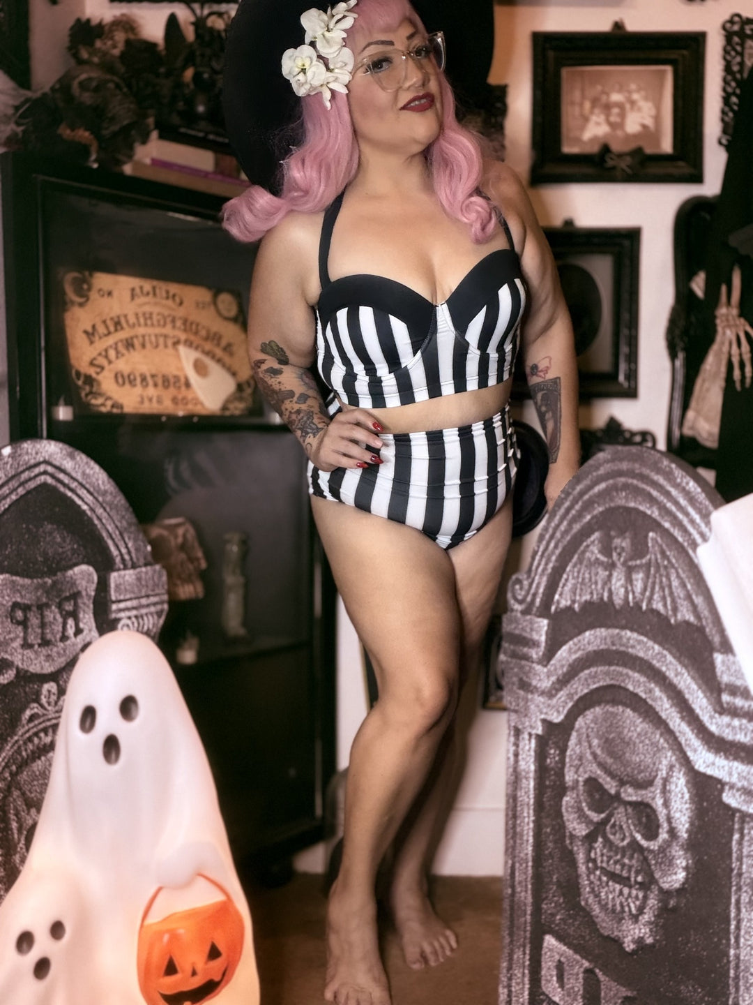 Mindy Morbs Electric Bride black and white striped high-waisted bikini front view