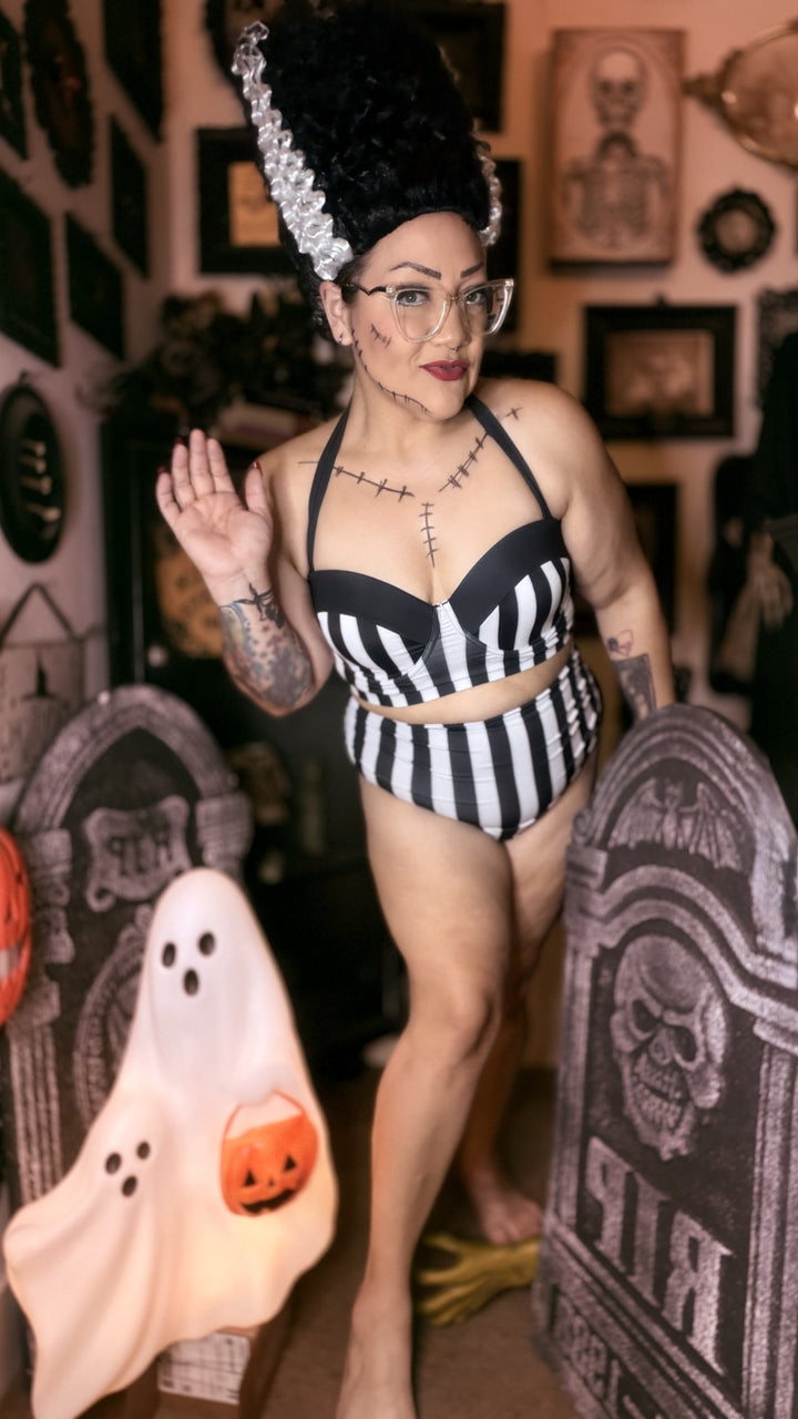 Electric Bride striped halter bikini styled with Bride of Frankenstein hair