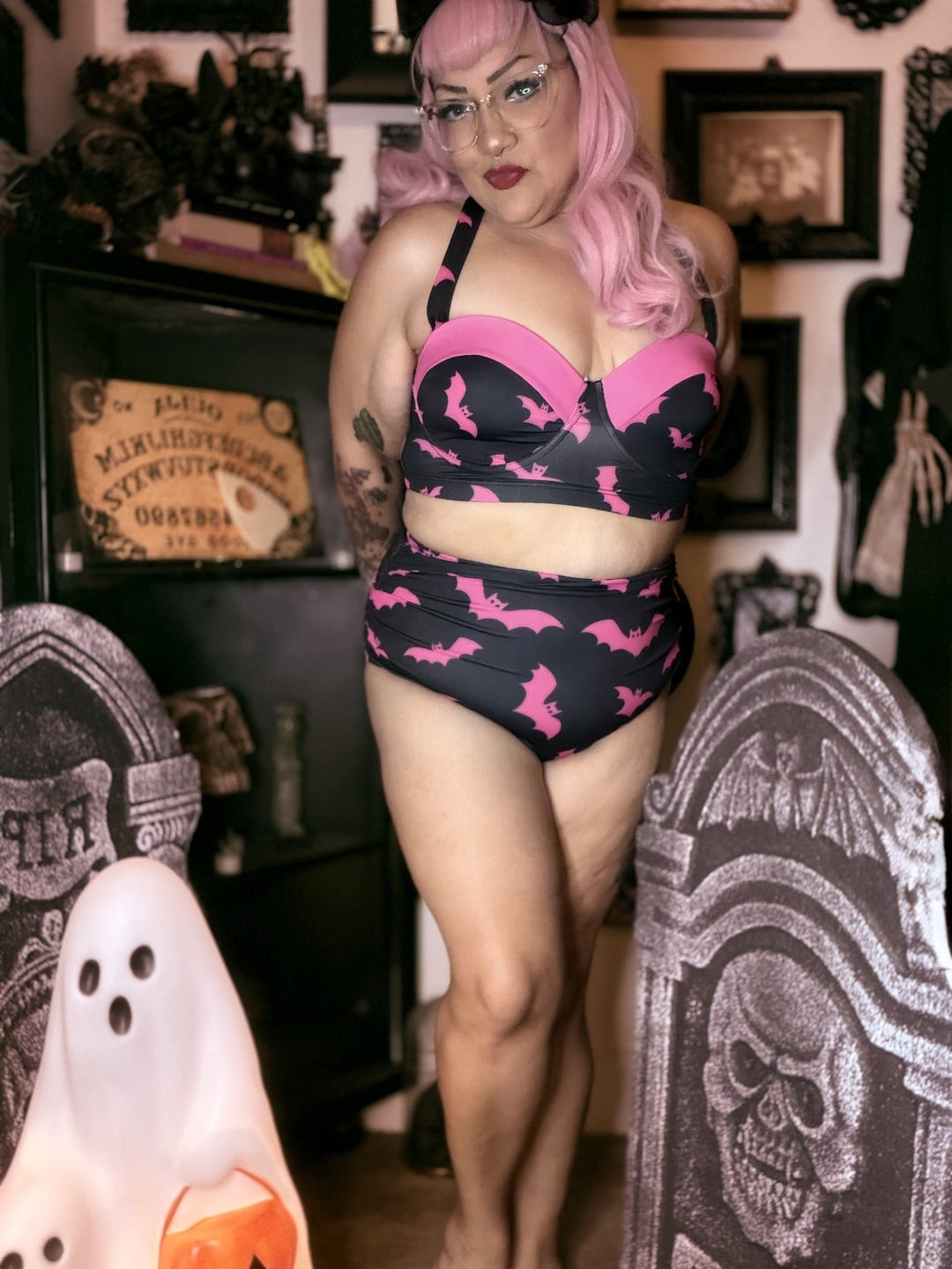Pink Bat halter bikini with high-waisted bottoms