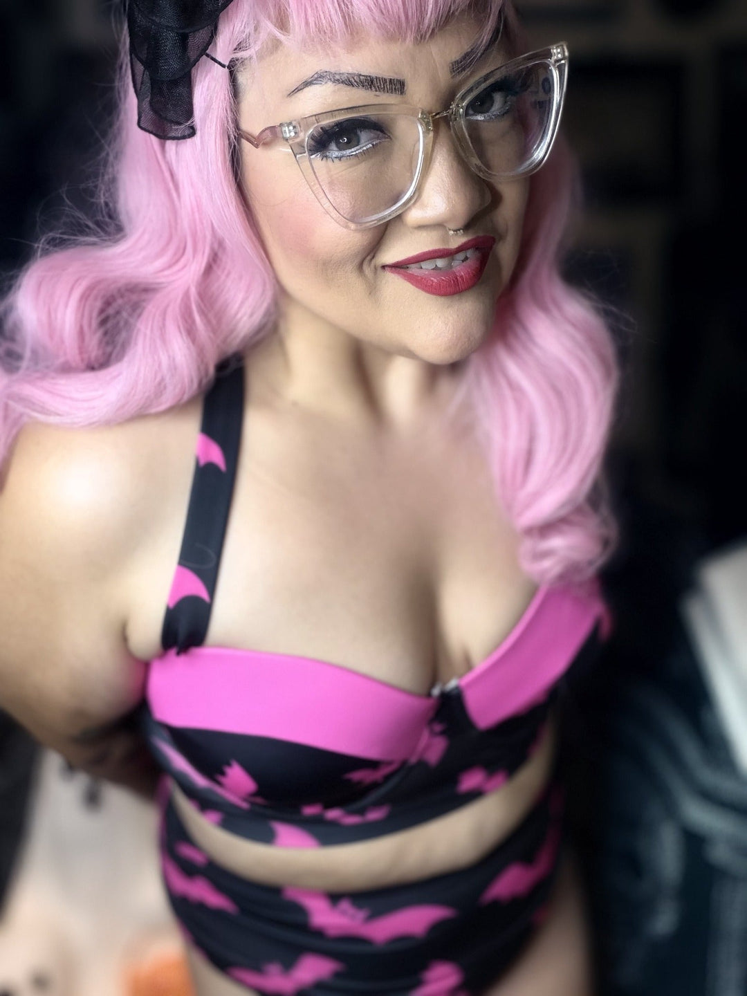 Close-up of the supportive Pink Bat underwire bikini top