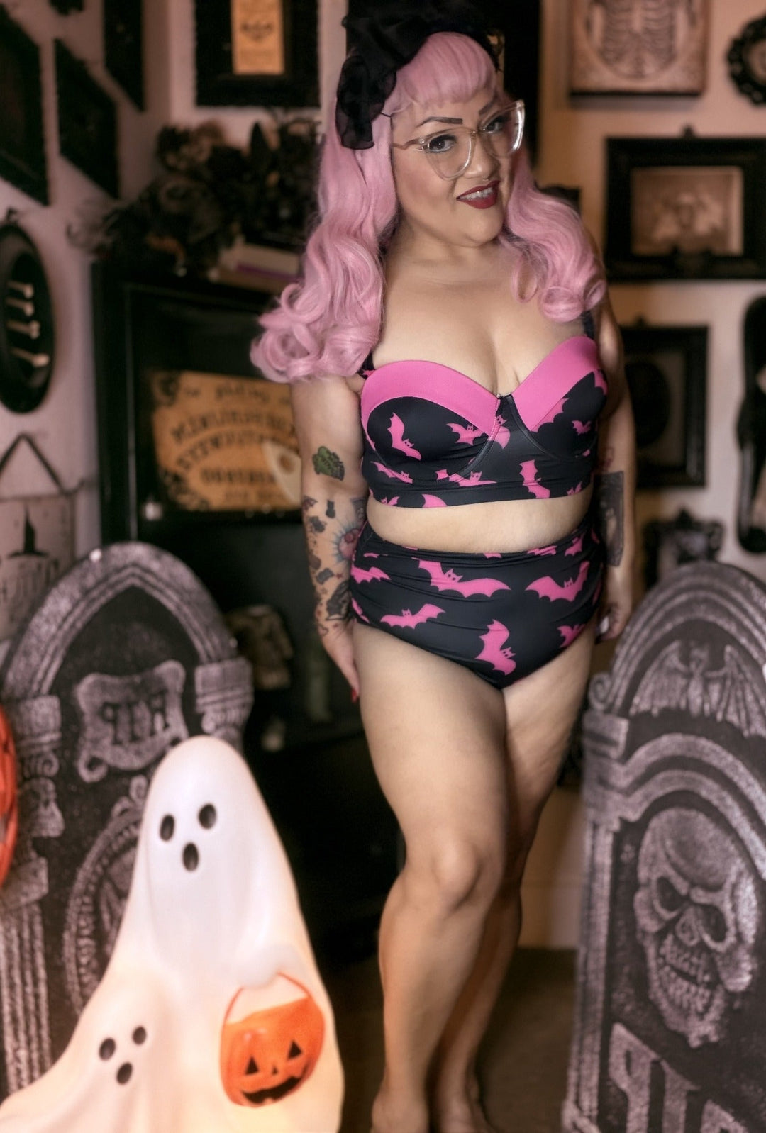 Black and pink bat vintage-style high-waisted bikini