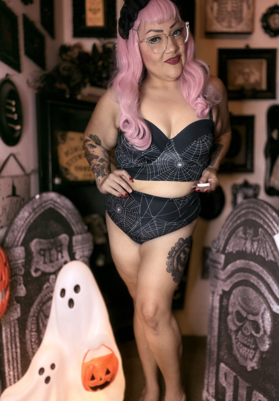 Black Spiderweb vintage-style high-waisted bikini