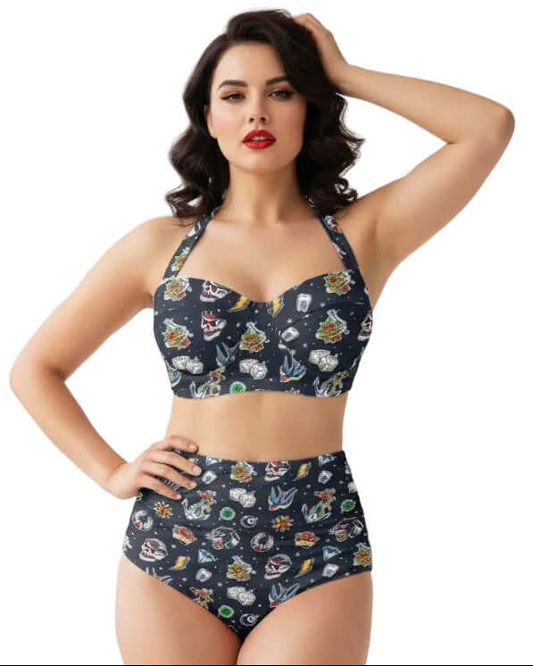 Old School Tattoo High Waist Bikini showcasing vintage tattoo graphics on a navy background for a trendy beach look.