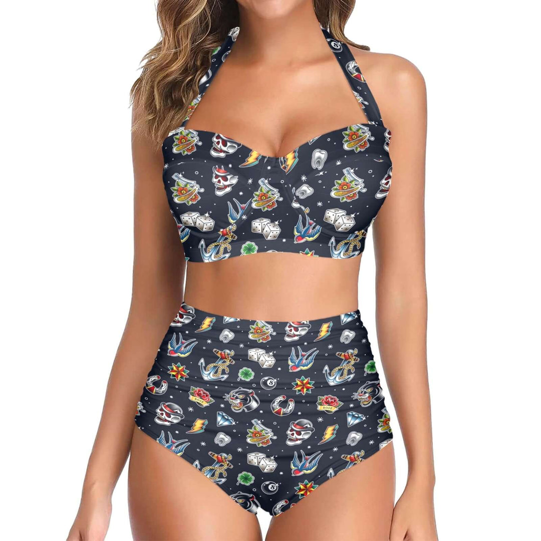 Old School Tattoo High Waist Bikini with vintage tattoo graphics on navy background, stylish and retro beachwear.