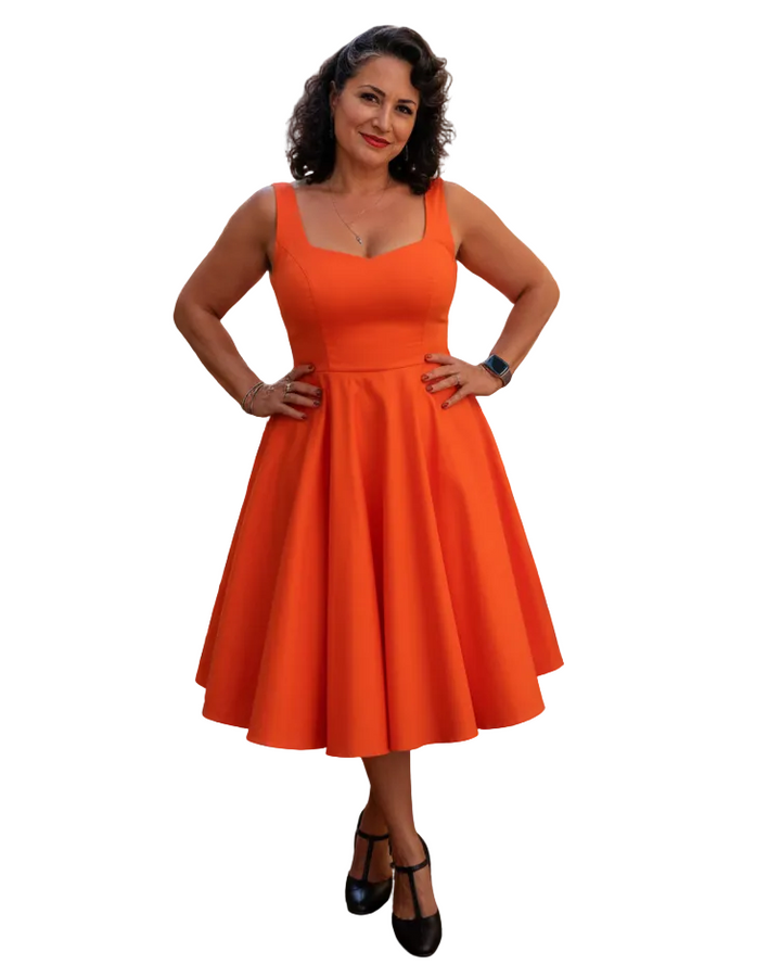 Hell Bunny Heidi Orange Cotton Satin 50s Midi Dress