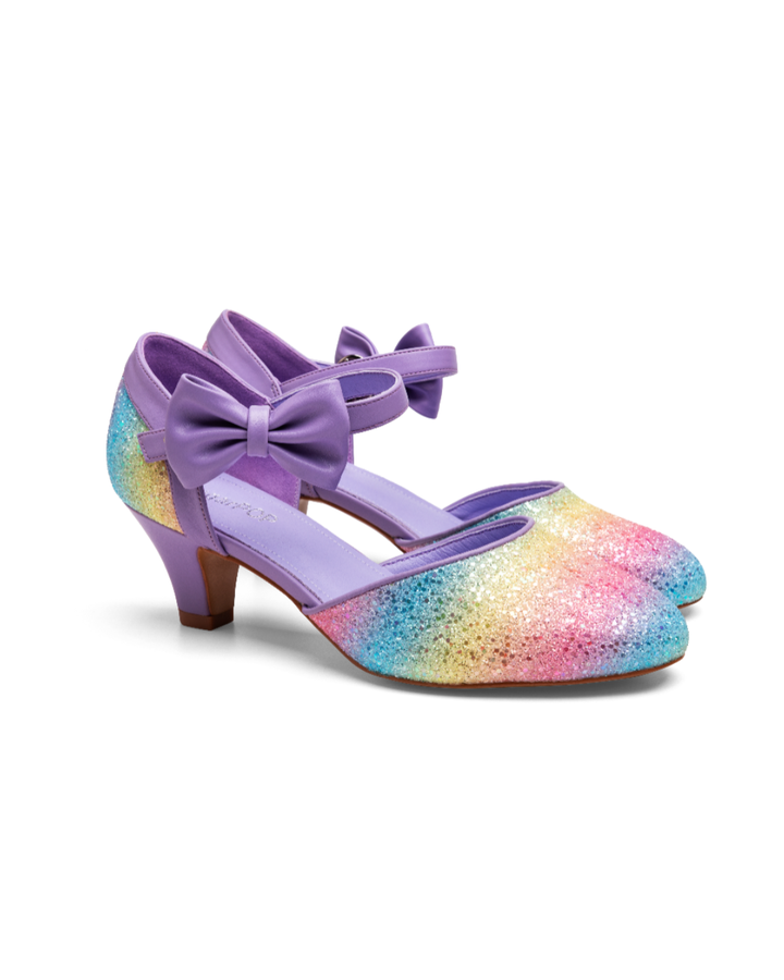 SugarPOP Pasarela colorful shoes with purple bows and a glittery gradient design.