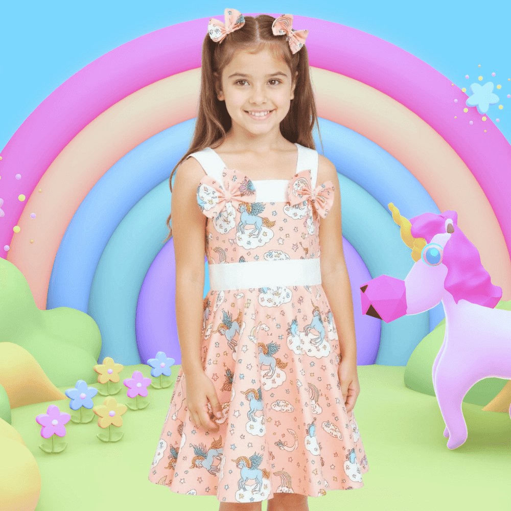 Girl in peach unicorn print rockabilly dress with bow hair accessories, against a colorful rainbow background.