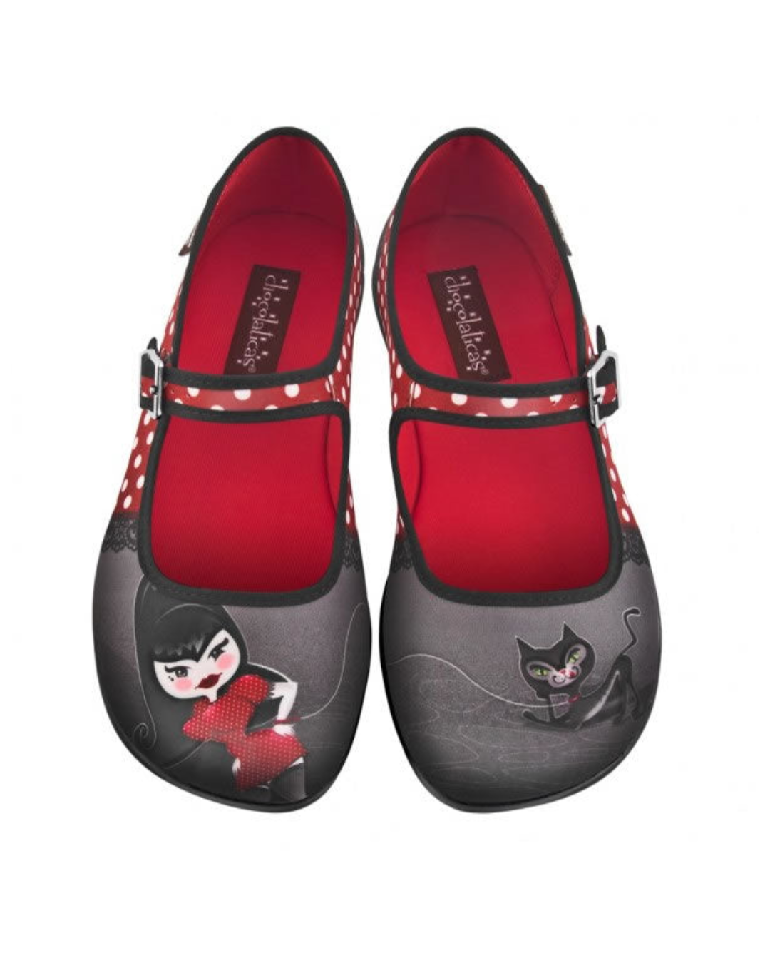 Clearance Hot Chocolate Design Petunia mary janes featuring a pin-up girl and black cat design.