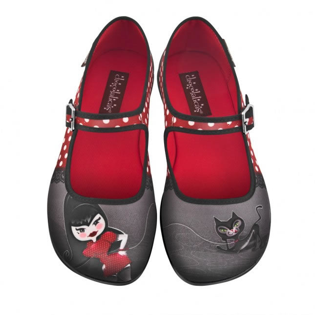 Clearance Hot Chocolate Design Petunia mary janes featuring pin-up girl and black cat design.