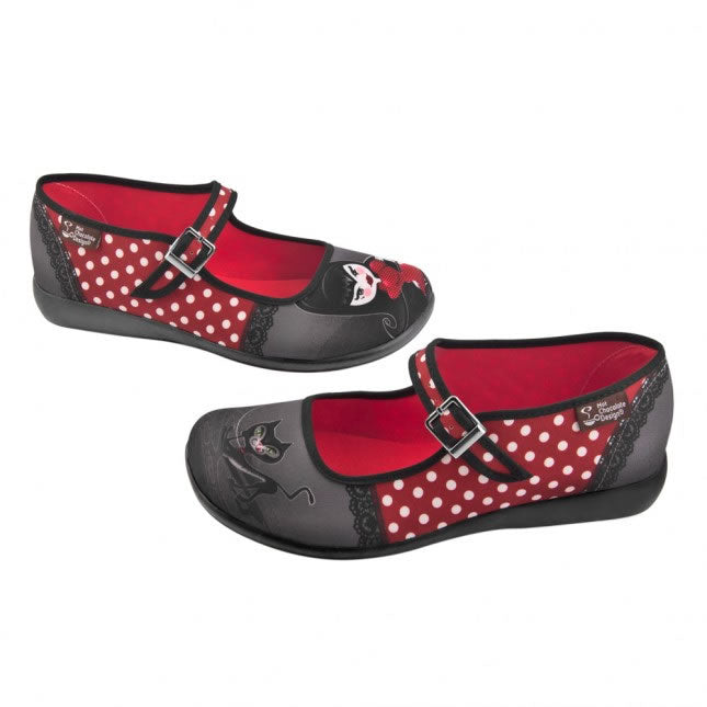 Clearance Hot Chocolate Design Petunia mary janes with pin-up girl and black cat design on a polka dot background.