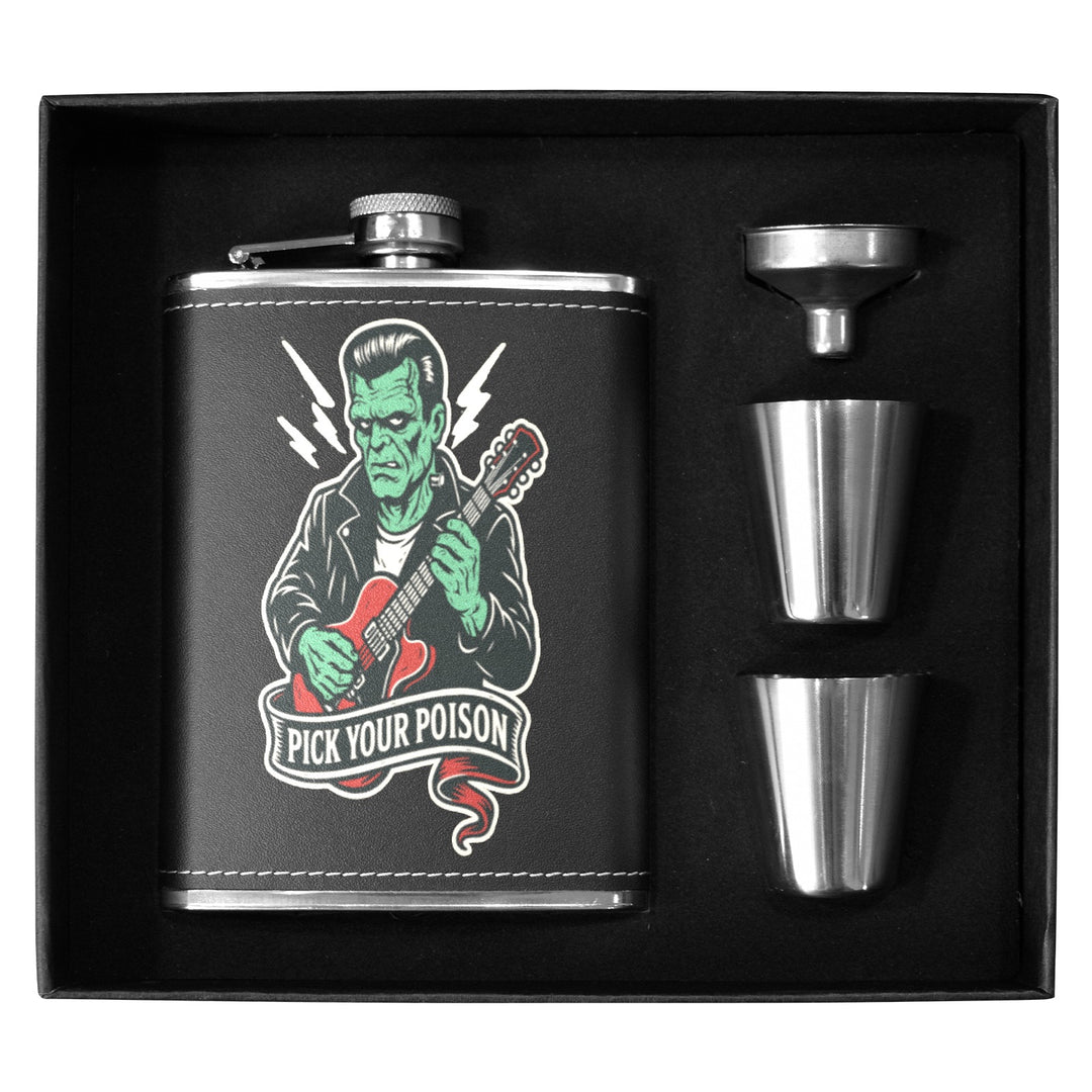 Pick Your Poison 8 oz black hip flask with retro artwork and stainless steel shot glasses in gift box.