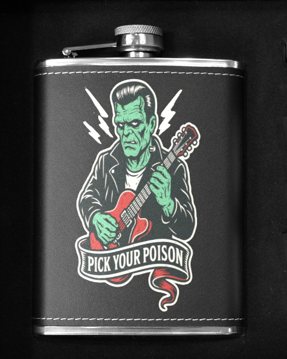 Pick Your Poison 8 oz black hip flask featuring a retro guitar design, perfect for stylish drinkers in Australia.