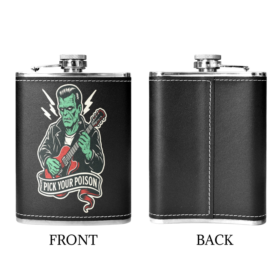 Pick Your Poison 8 oz black hip flask featuring retro artwork of a guitar-playing monster, front and back view.
