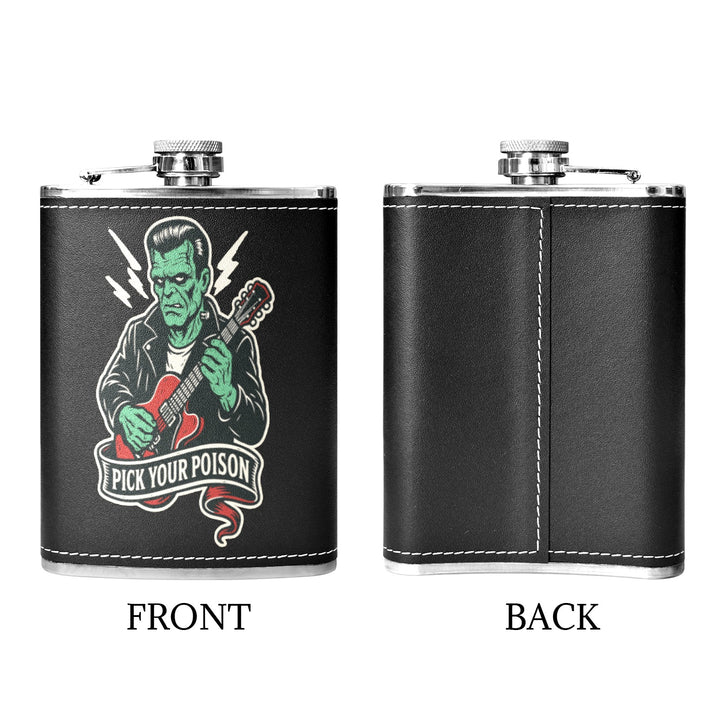 Pick Your Poison 8 oz black hip flask featuring retro artwork of a guitar-playing monster, front and back view.