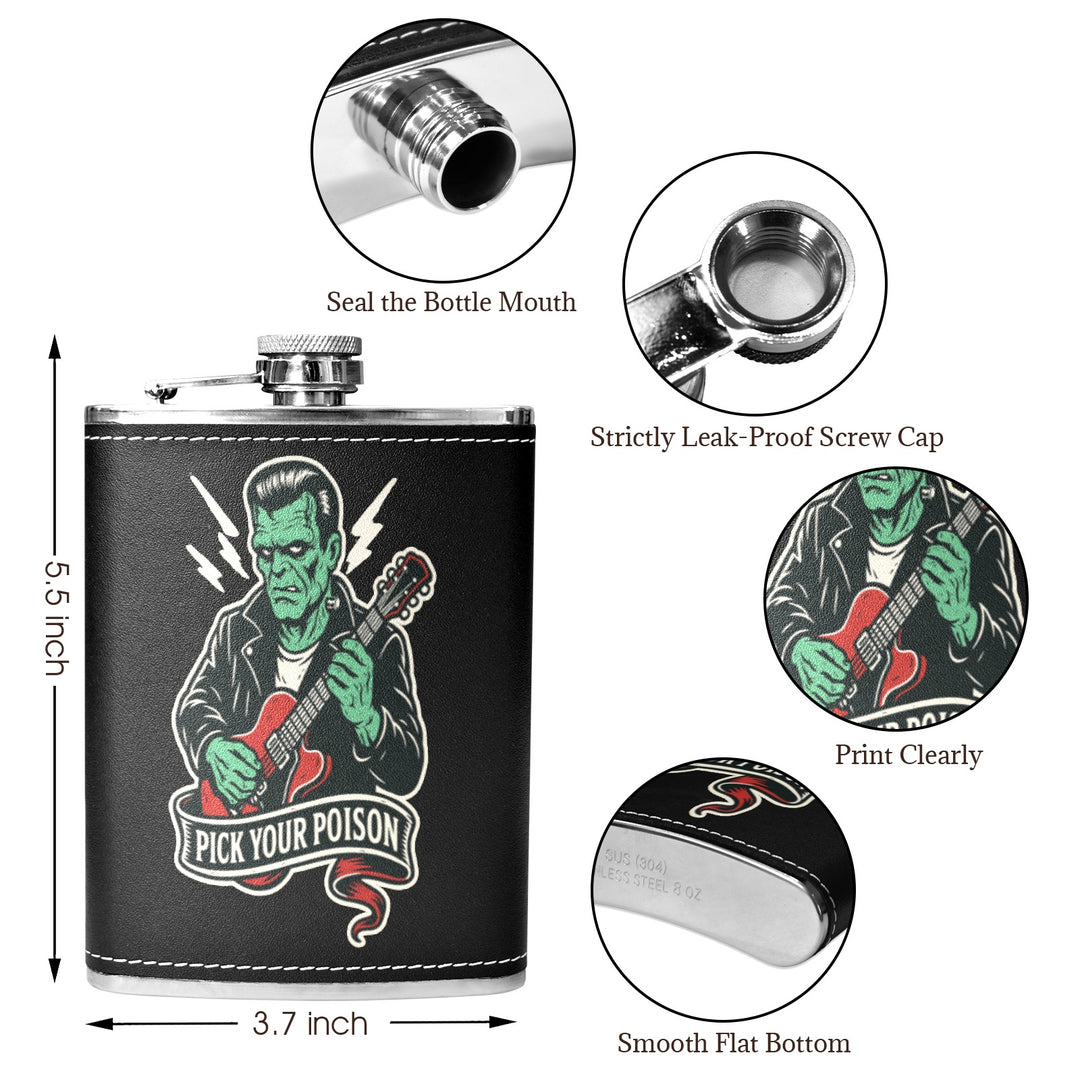 8 oz black hip flask featuring 'Pick Your Poison' design, with leak-proof cap and stainless steel build, ideal for Australia.