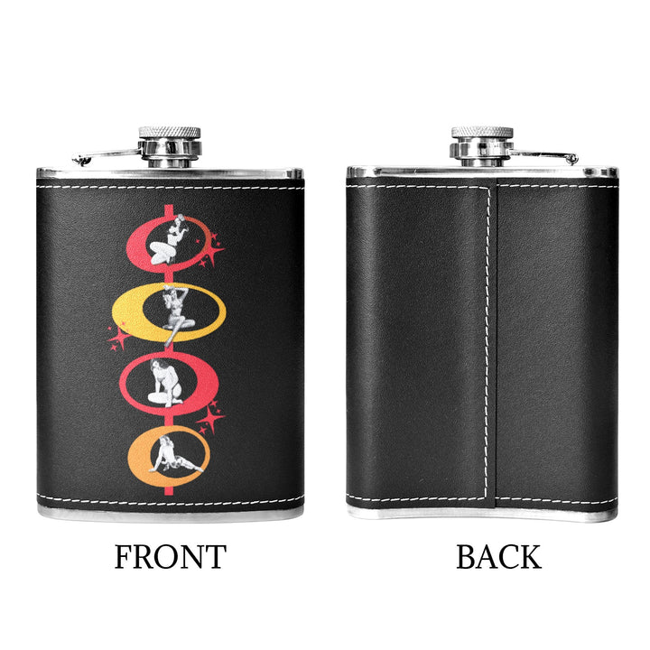 Pin-Up Girls 8 oz Black Hip Flask front and back view, featuring retro design and sleek black leather wrap, perfect for hip flask Australia.