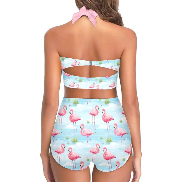 Back view of a woman wearing a Pink Flamingos High Waist Bikini with a retro flamingo print.
