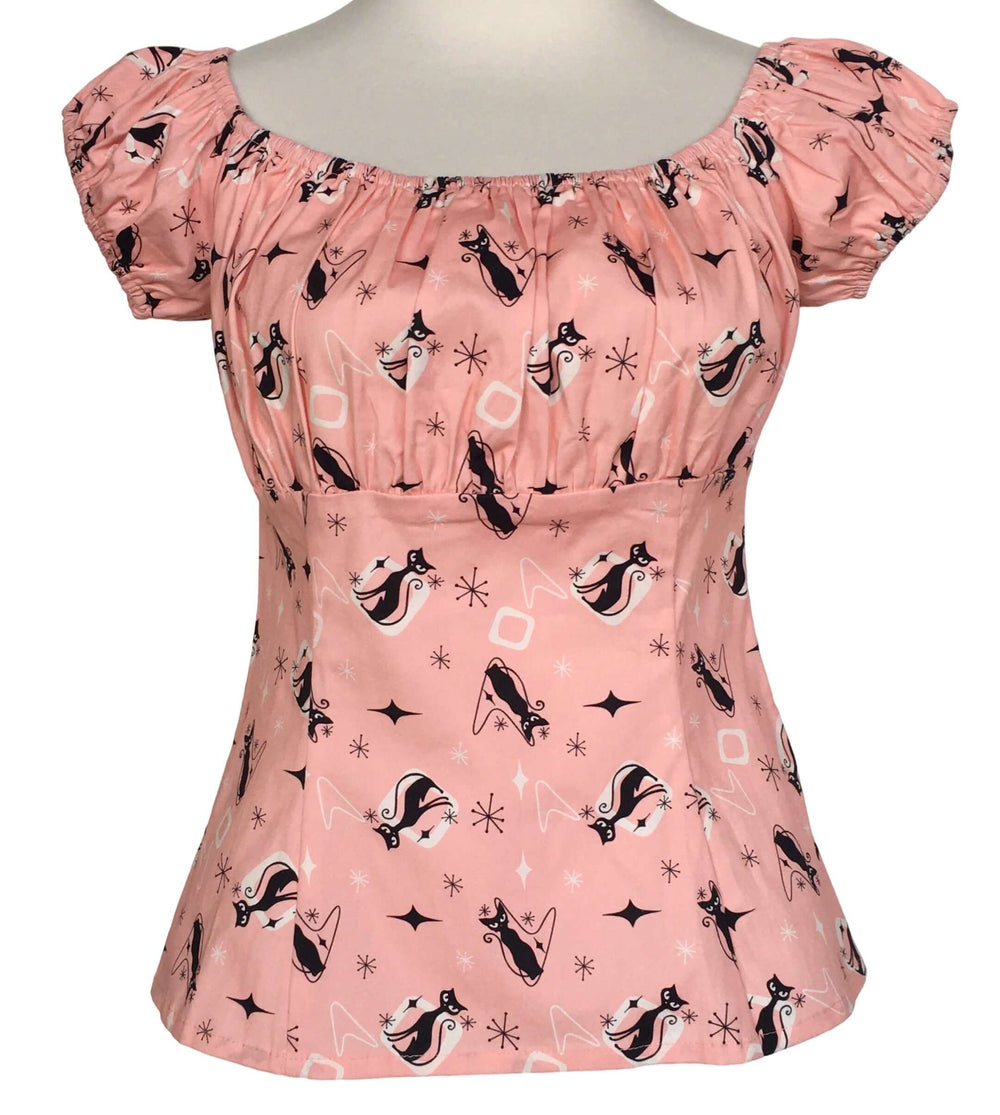 Pink Retro Kitty Peasant Style Top featuring a playful mid-century kitty print and soft ruched bust for a vintage-inspired look.