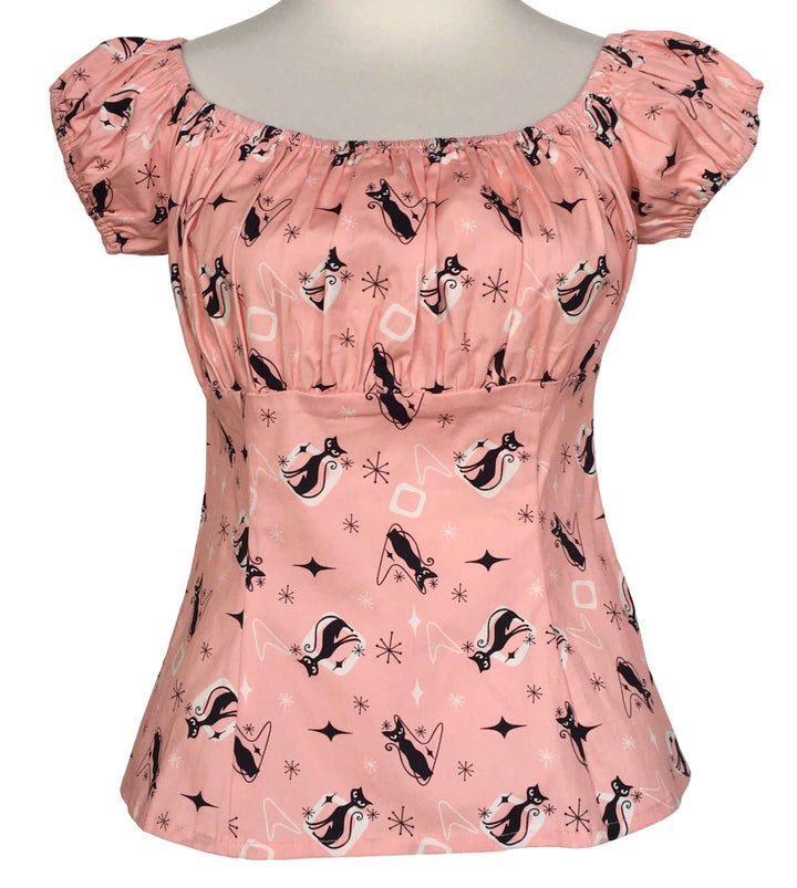 Pink Retro Kitty Peasant Style Top featuring a playful mid-century kitty print and soft ruched bust for a vintage-inspired look.
