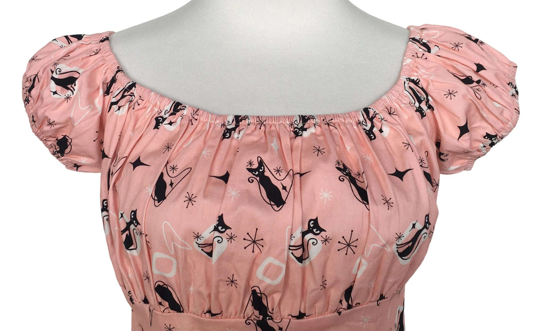 Pink Retro Kitty Peasant Style Top featuring playful kitty print and soft ruched bust in vintage style.
