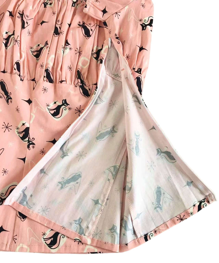 Pink Retro Kitty Peasant Style Top showing playful kitty print and soft ruched bust for a vintage look.