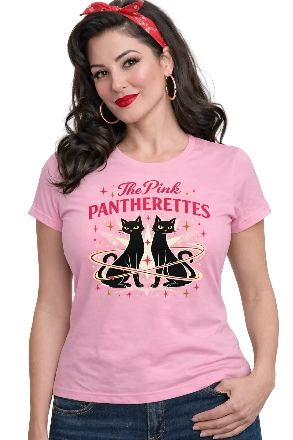 Woman wearing a pink t-shirt with 'The Pink Pantherettes' design on a white background