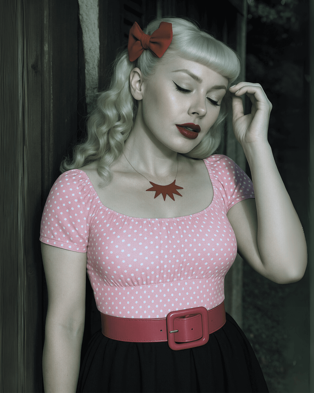 Woman wearing a pink polka dot dress with a red belt and bow, posing against a dark background.